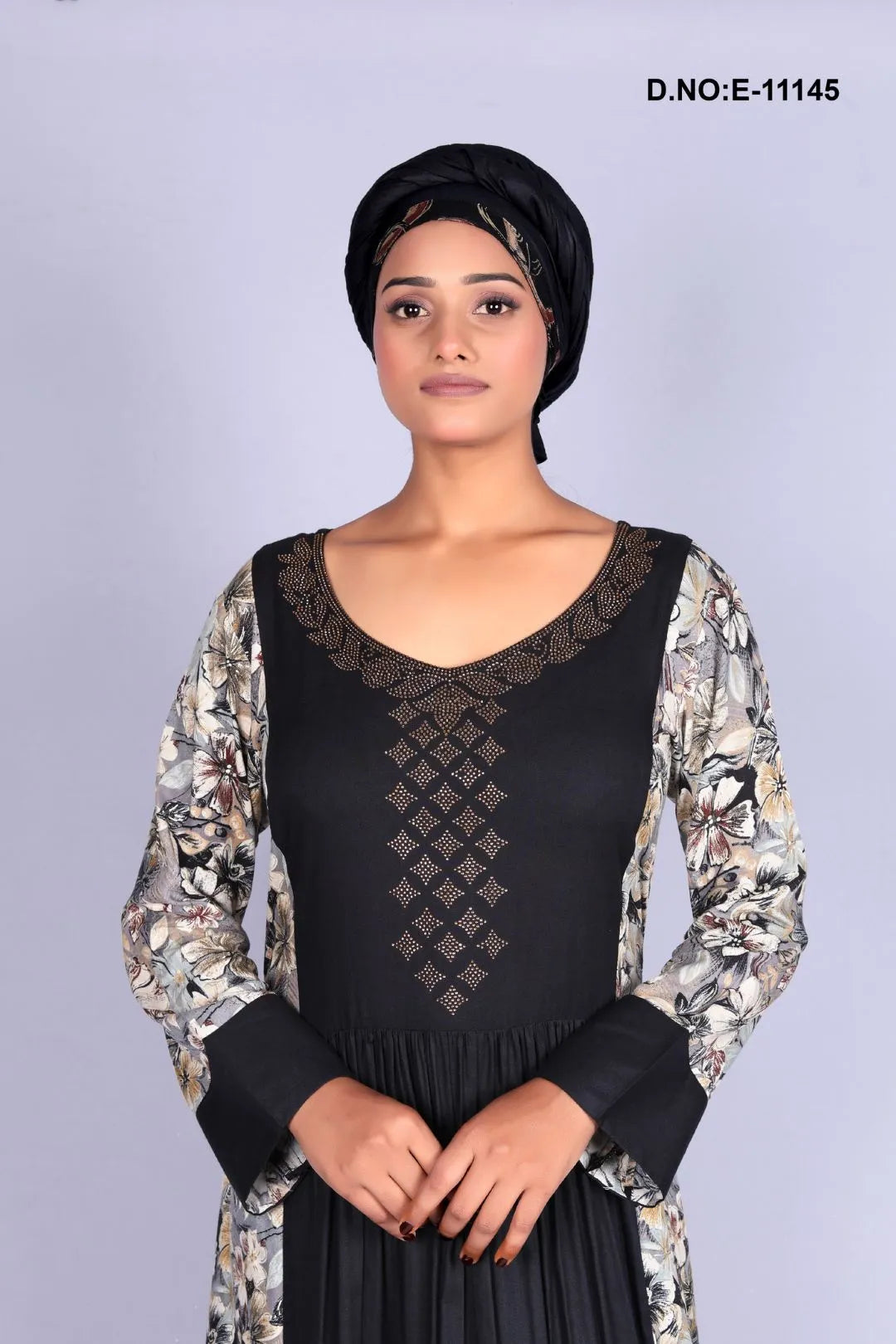 Black Side Print Kaftans With Stole For Women