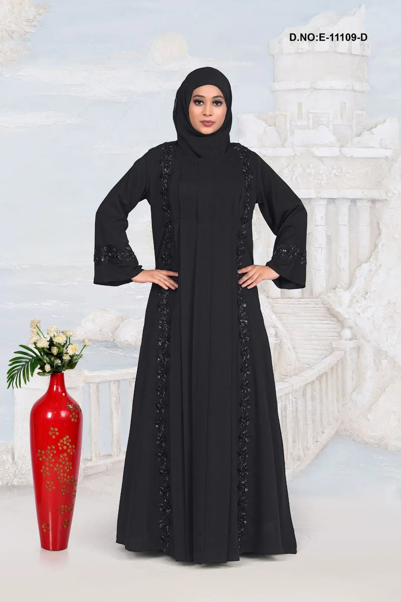 Black Stone Work Abaya With Scarf For Women