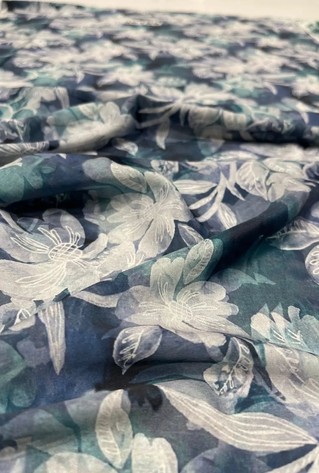 Blue Botanical Digital Printed French Crepe Fabric