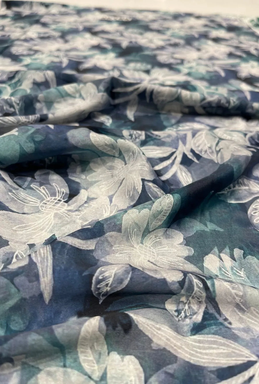 Blue Botanical Digital Printed French Crepe Fabric