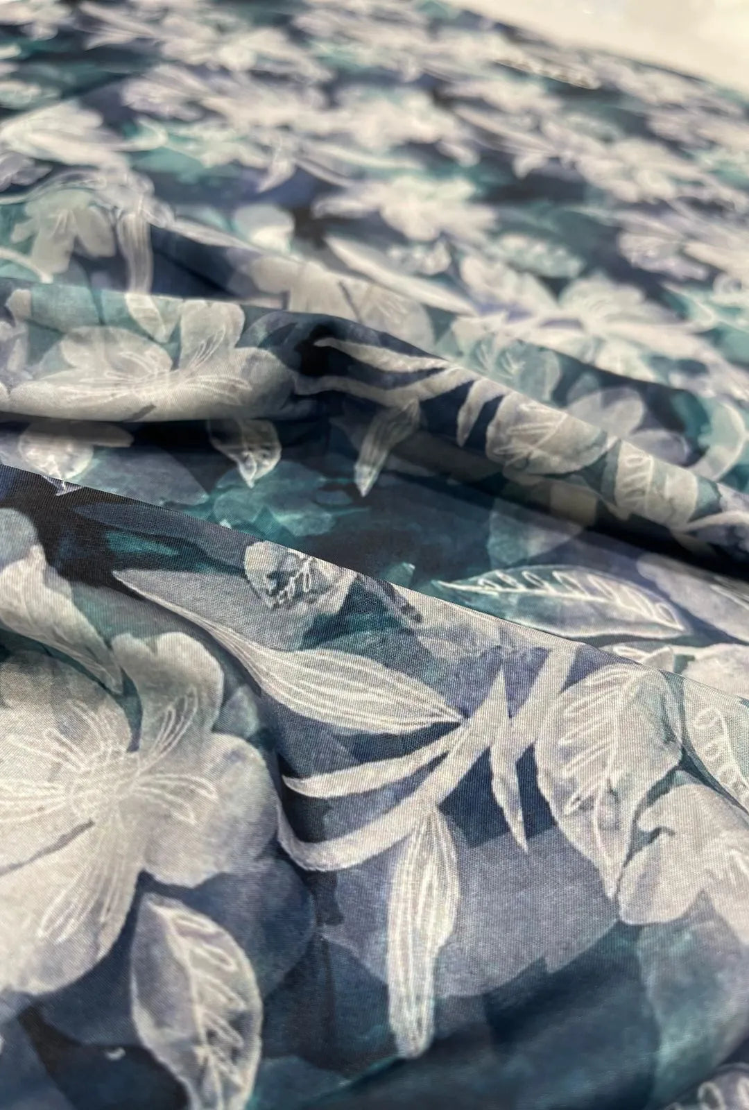 Blue Botanical Digital Printed French Crepe Fabric