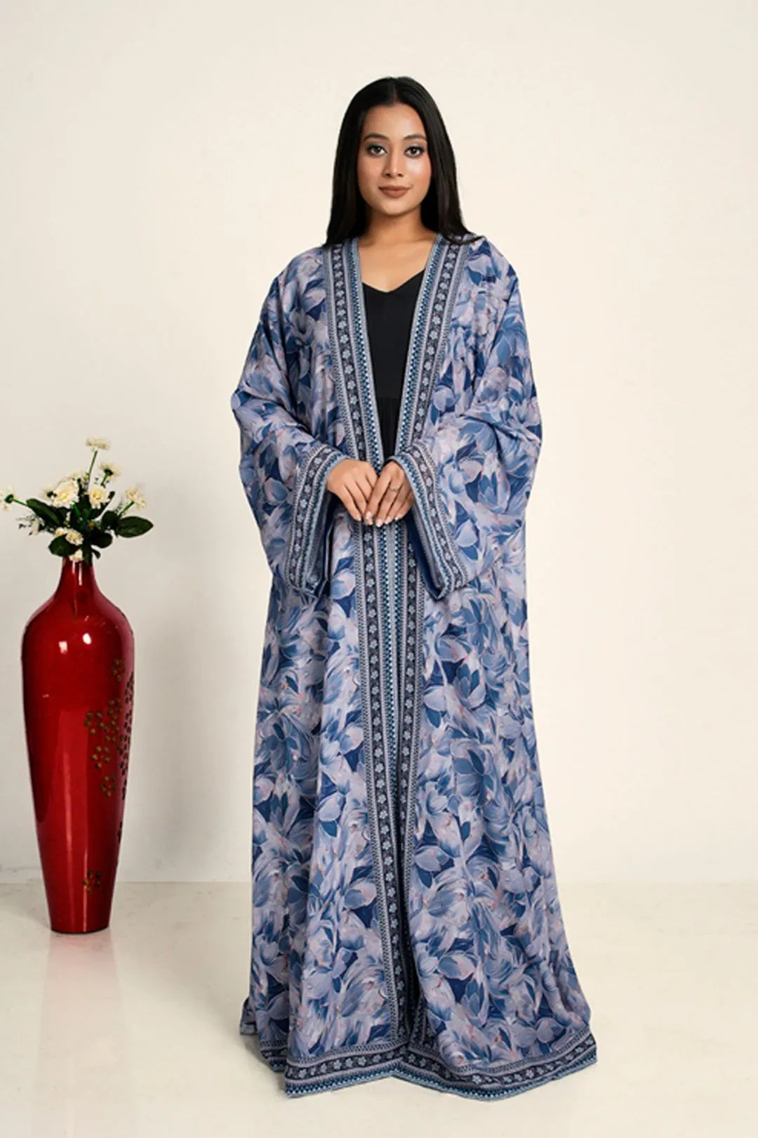 Blue Floral Chiffon Open Shrug Full Length Women Modest Wear