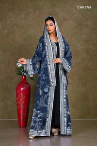 Blue Graceful Long Shrug with Floral Print Detailing