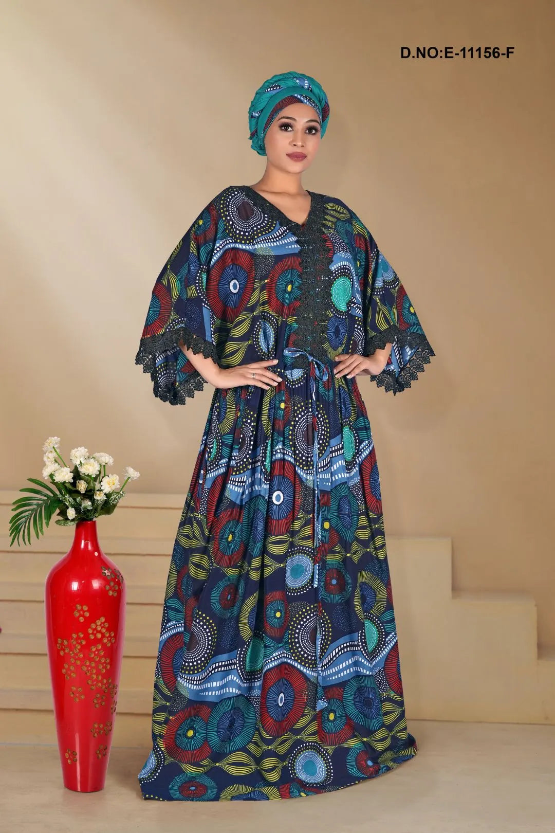 Blue Less Work African Kaftan With Stole For Women