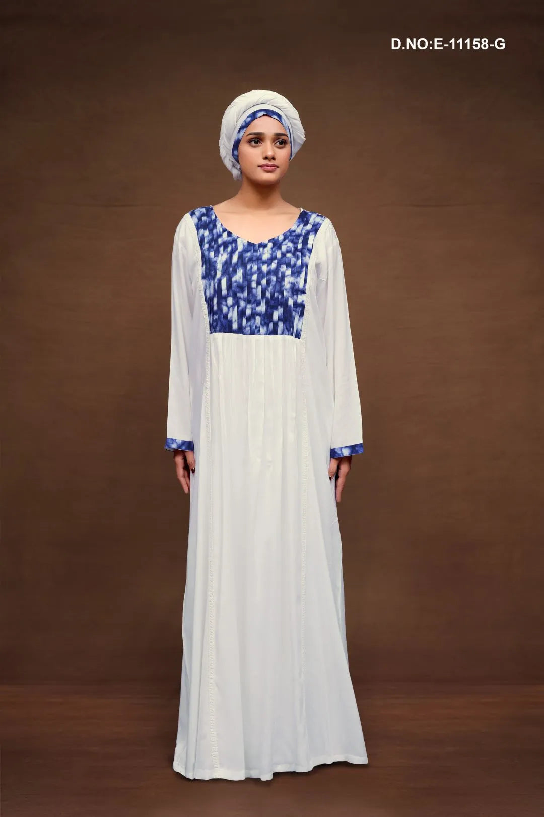 Blue Neck Design White Kaftan With Scarf For Women