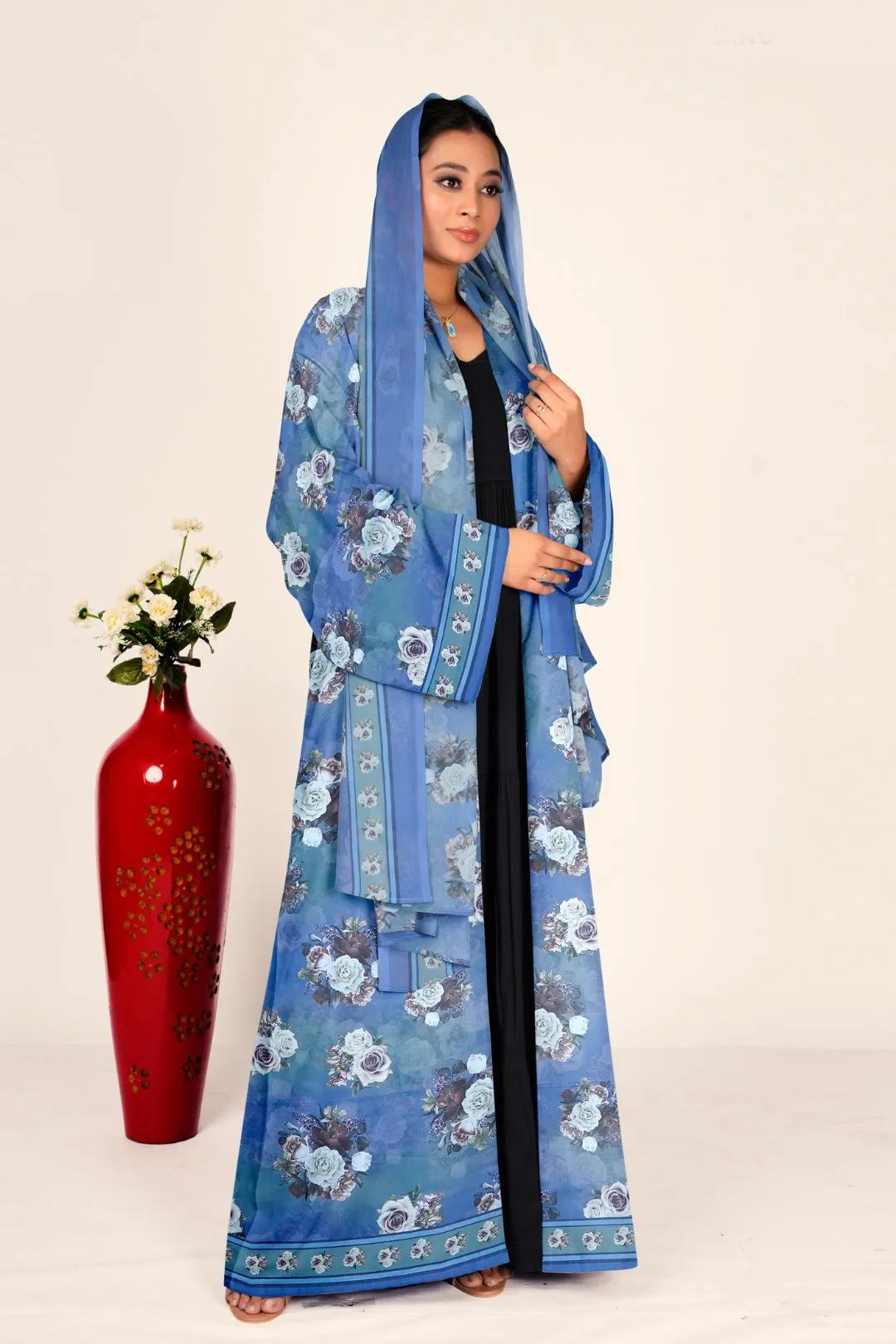 Women Floral Chiffon Shrug Open Front Long Full Length Modest Wear