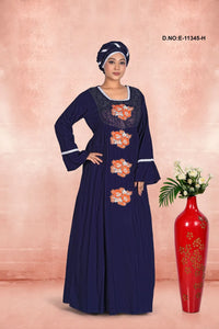 Blue Women's Full Sleeve Woolen Fleece Embroidered Kaftan