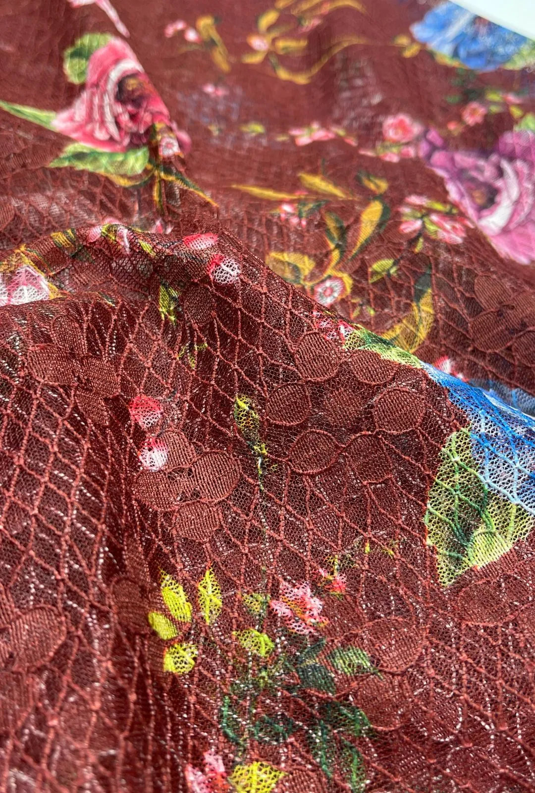 Printed Botanical Floral Patterns Textured Knit Russel Net Fabric