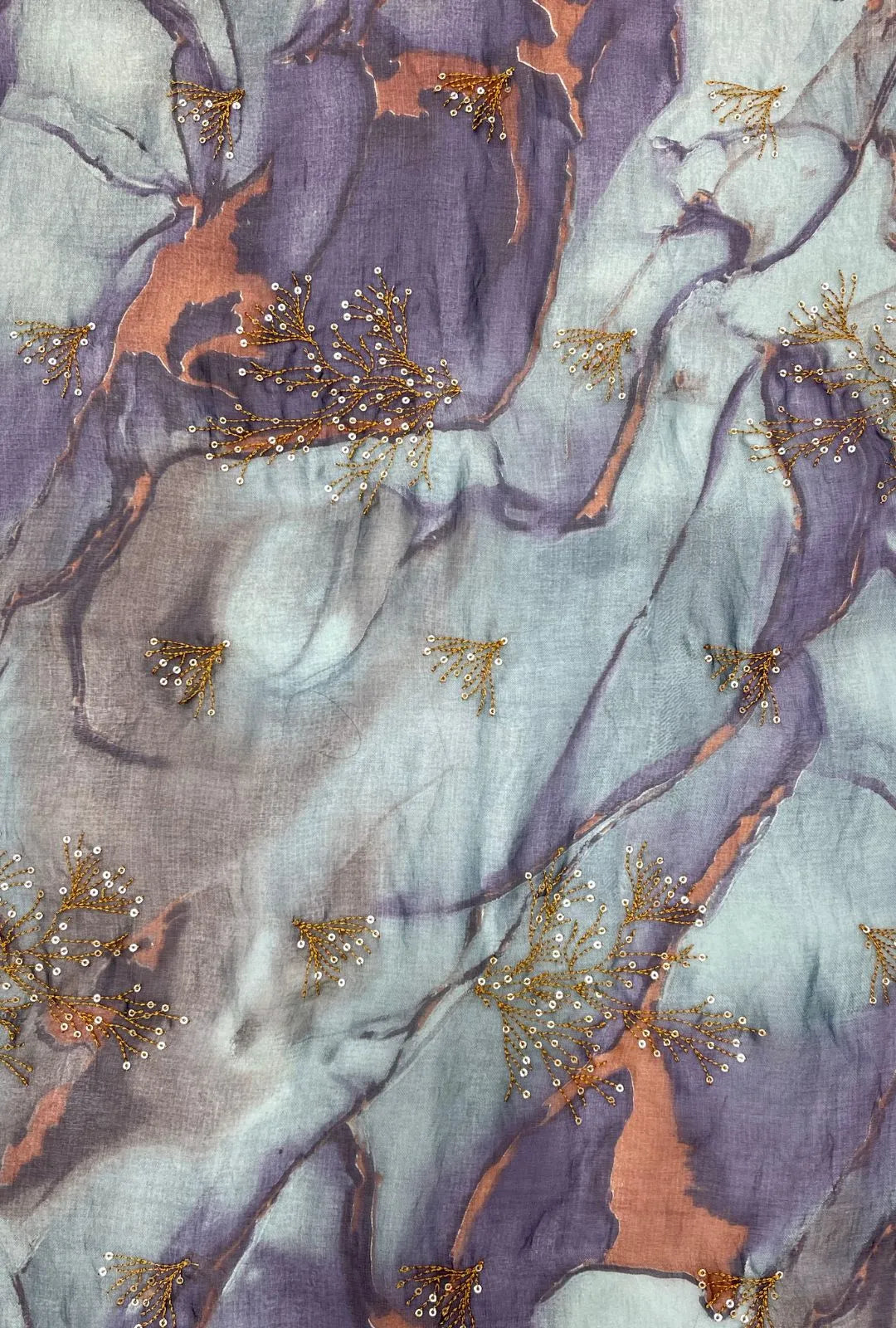 Branch Sequin Embroidered Marbled NC Satin Fabrication