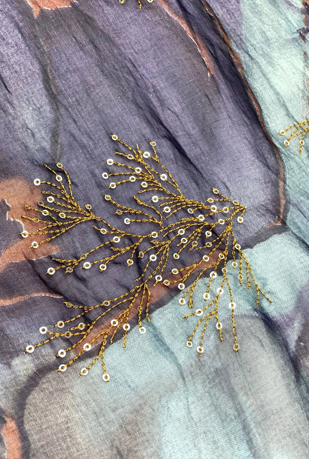 Branch Sequin Embroidered Marbled NC Satin Fabrication