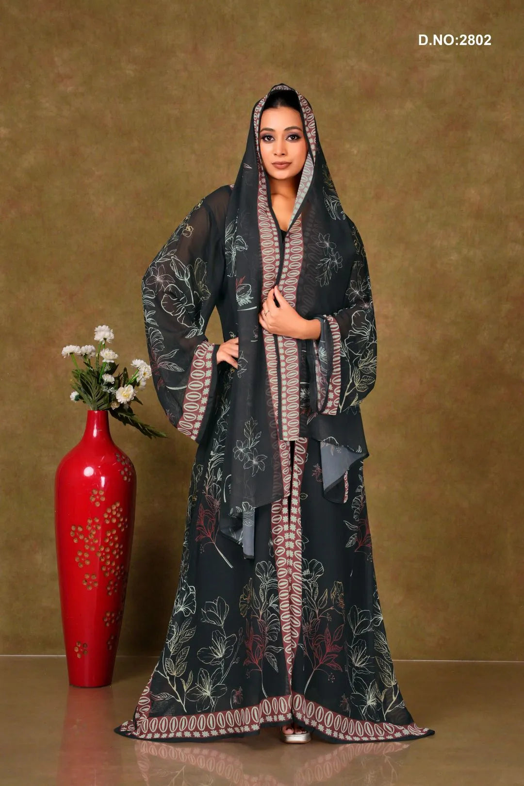 Bronze Chiffon Shrug Set with Floral Outline Print