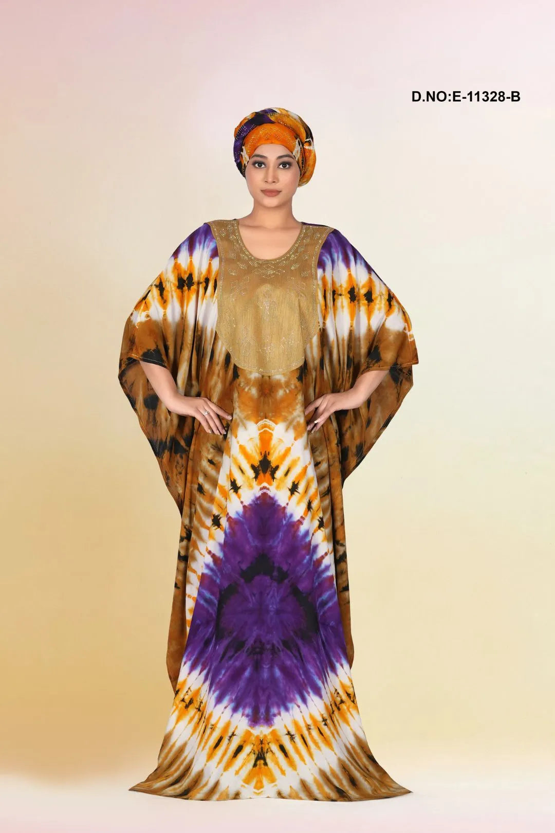 Brown Casual Wear Printed Tie Die Rayon Kaftan
