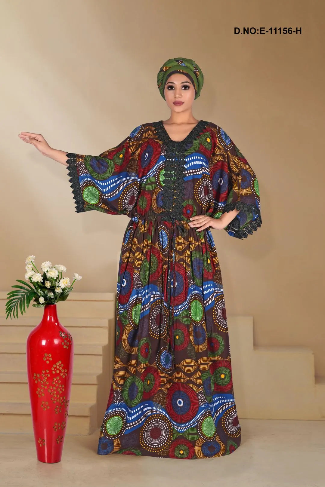 Brown Less Work African Kaftan With Stole For Women