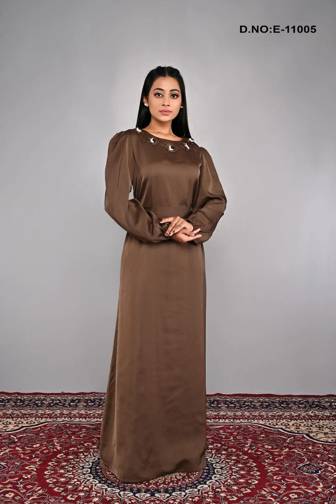 Brown Silk Crape Handwork Neck Abaya