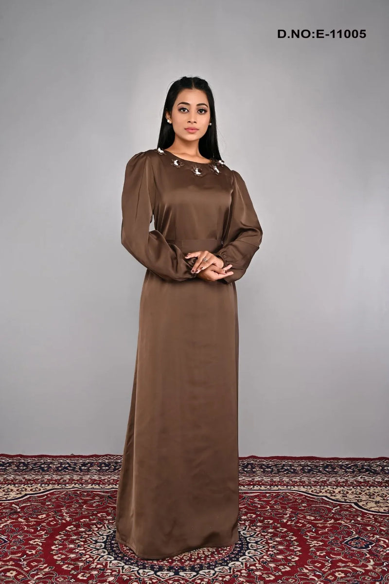 Brown Silk Crape Handwork Neck Abaya