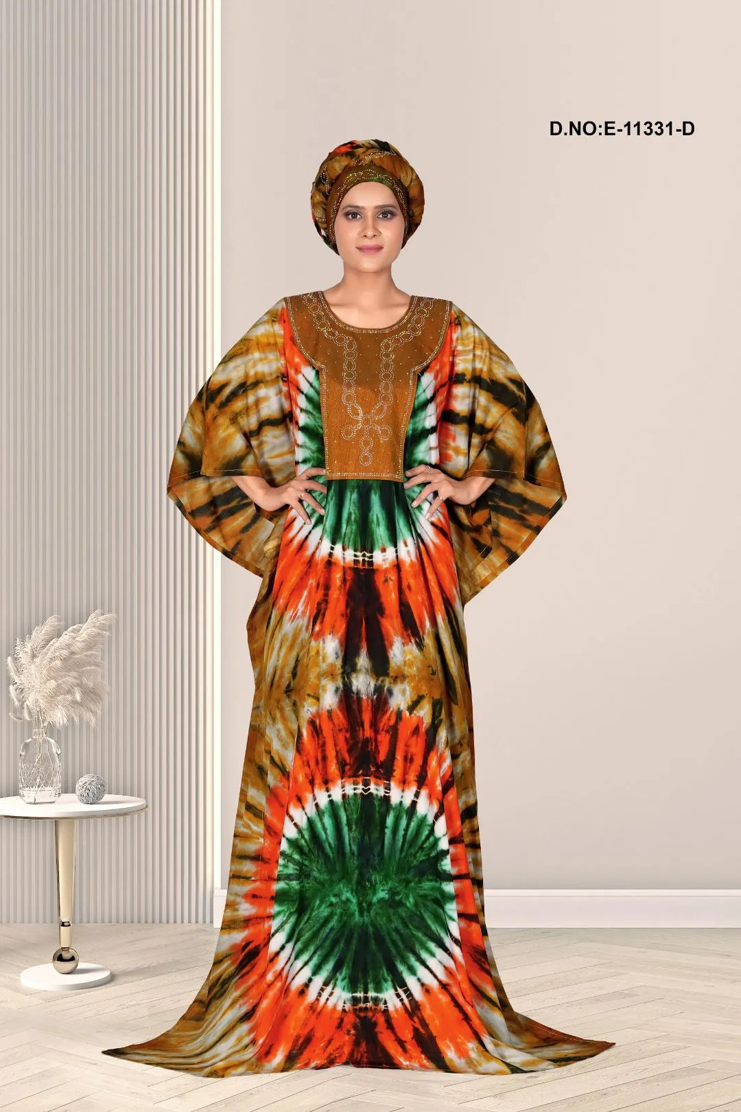 Brown Women Tie Die Rayon Printed Kaftan Night Maxi Dress