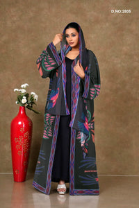 Charcoal Chiffon Shrug Set with Tribal Motif Print and Diamond Trim