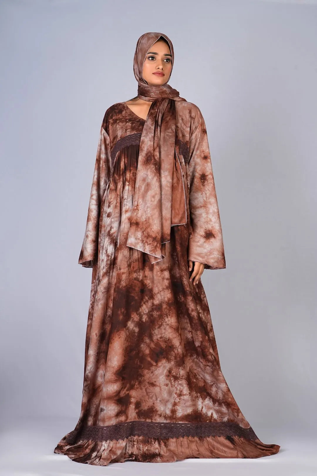 Coffee Rayon Kaftan Set with Stole