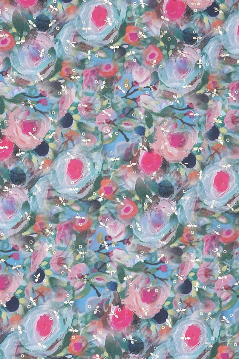 Colorful floral pattern with pink, blue, and green flowers fabric.