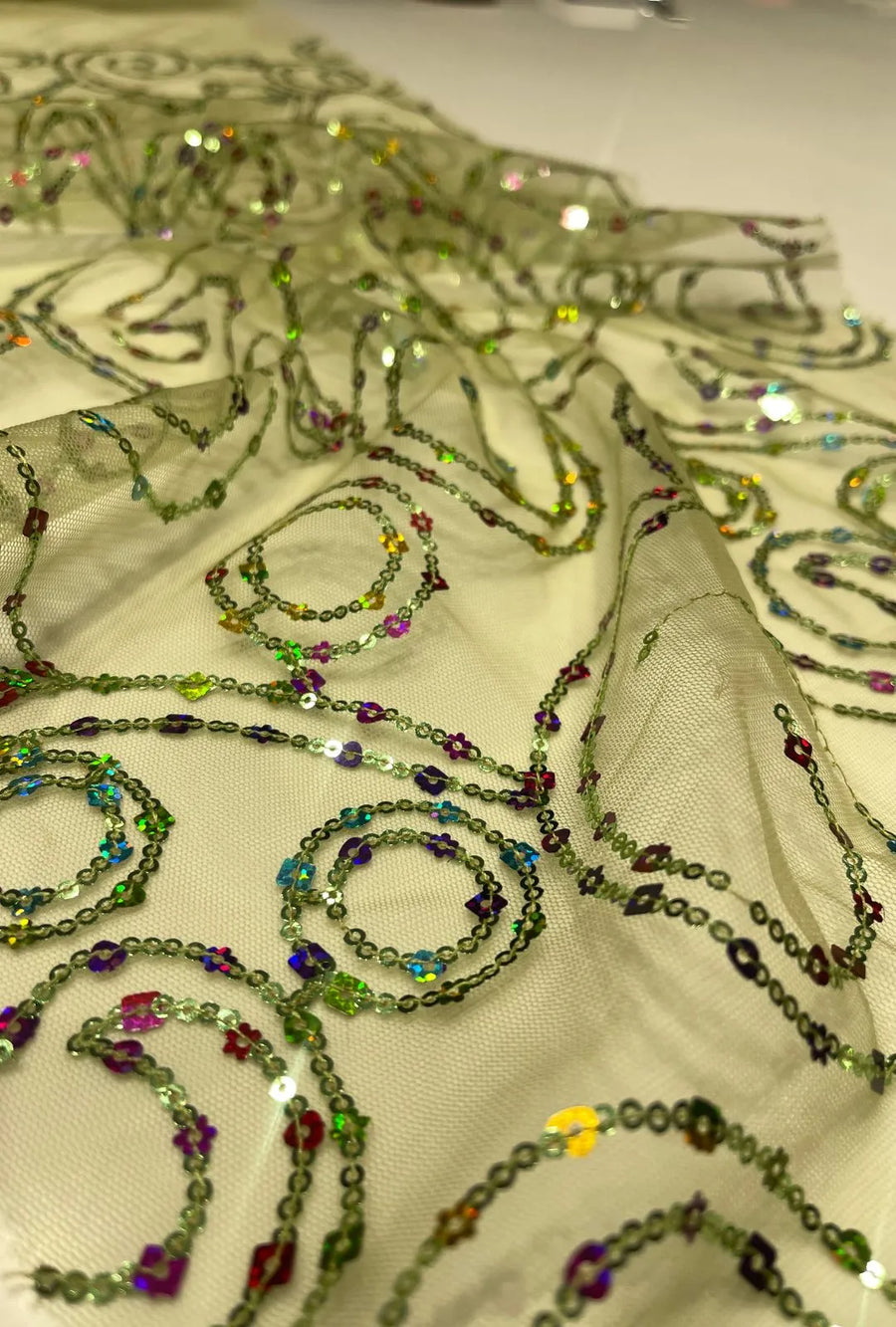 Concentric Spiral Sequence Embroidered Net Fabric