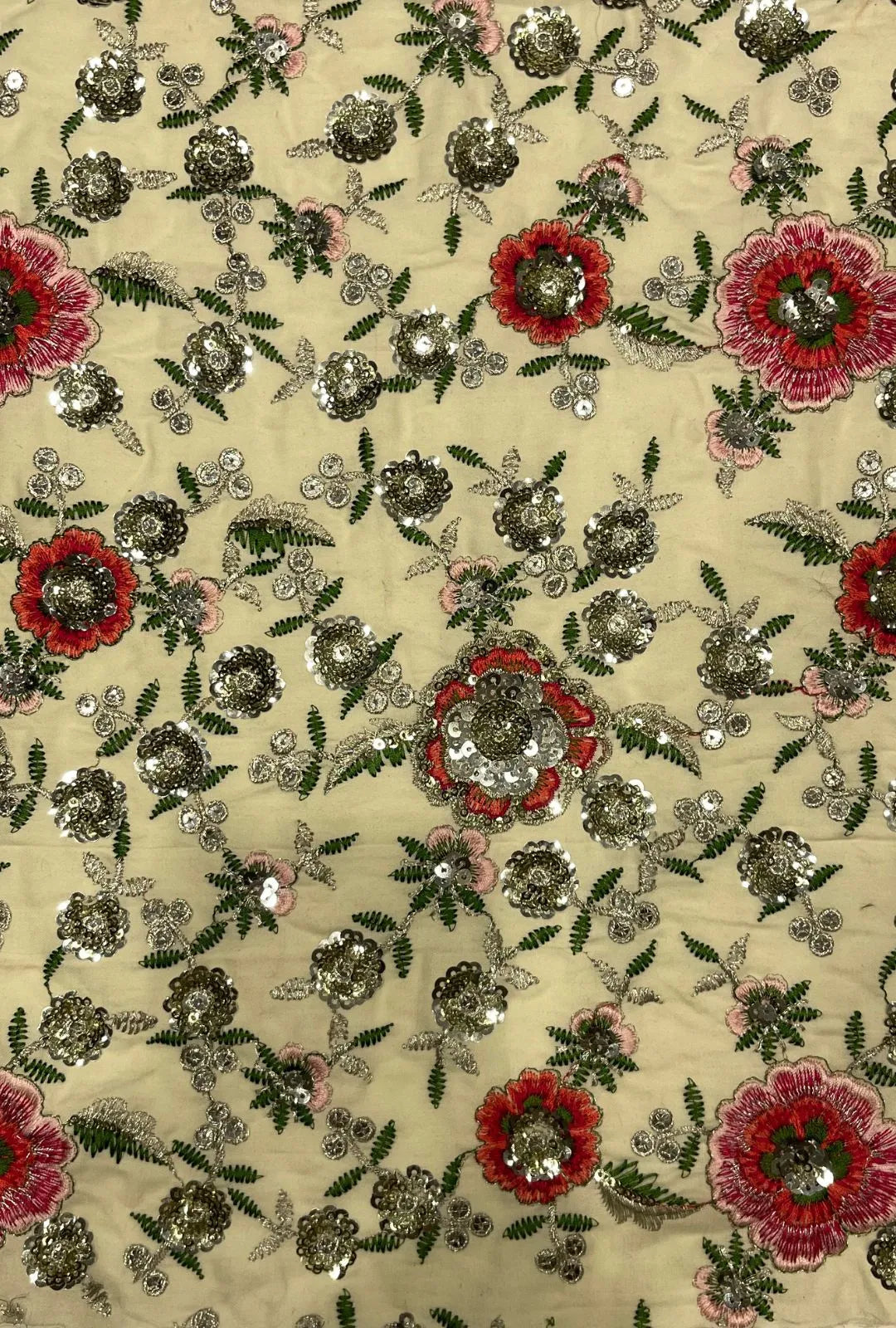 Cream Floral Embroidered Cotton With Sequence Work