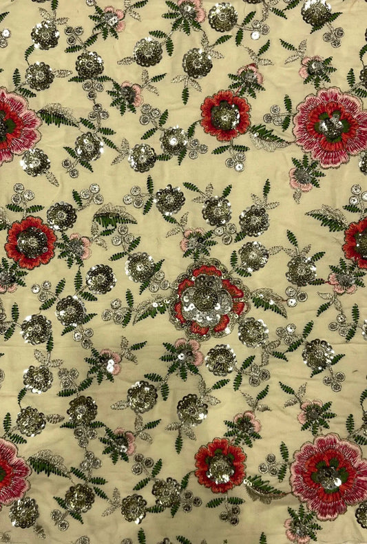 Cream Floral Embroidered Cotton With Sequence Work
