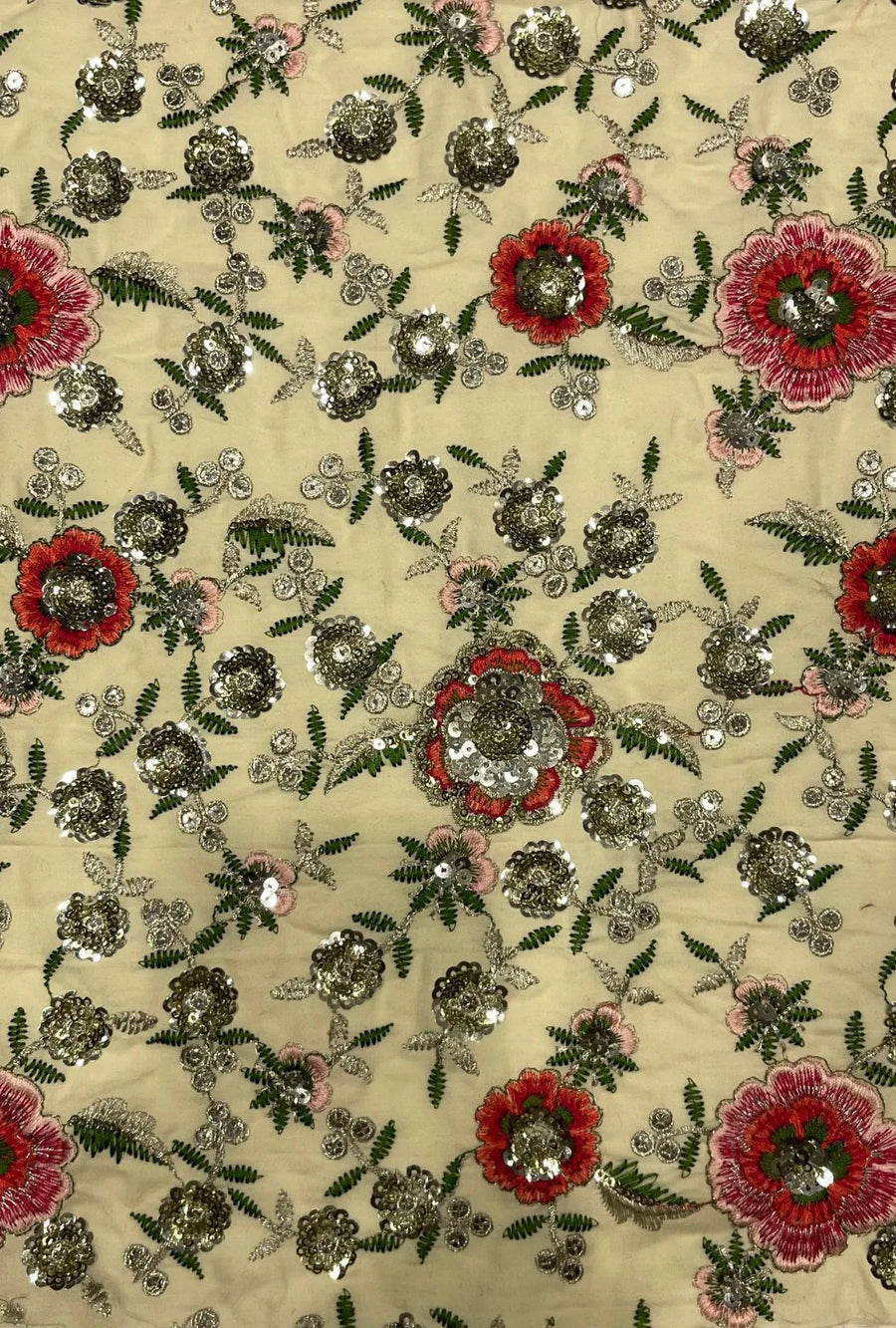 Cream Floral Embroidered Cotton With Sequence Work