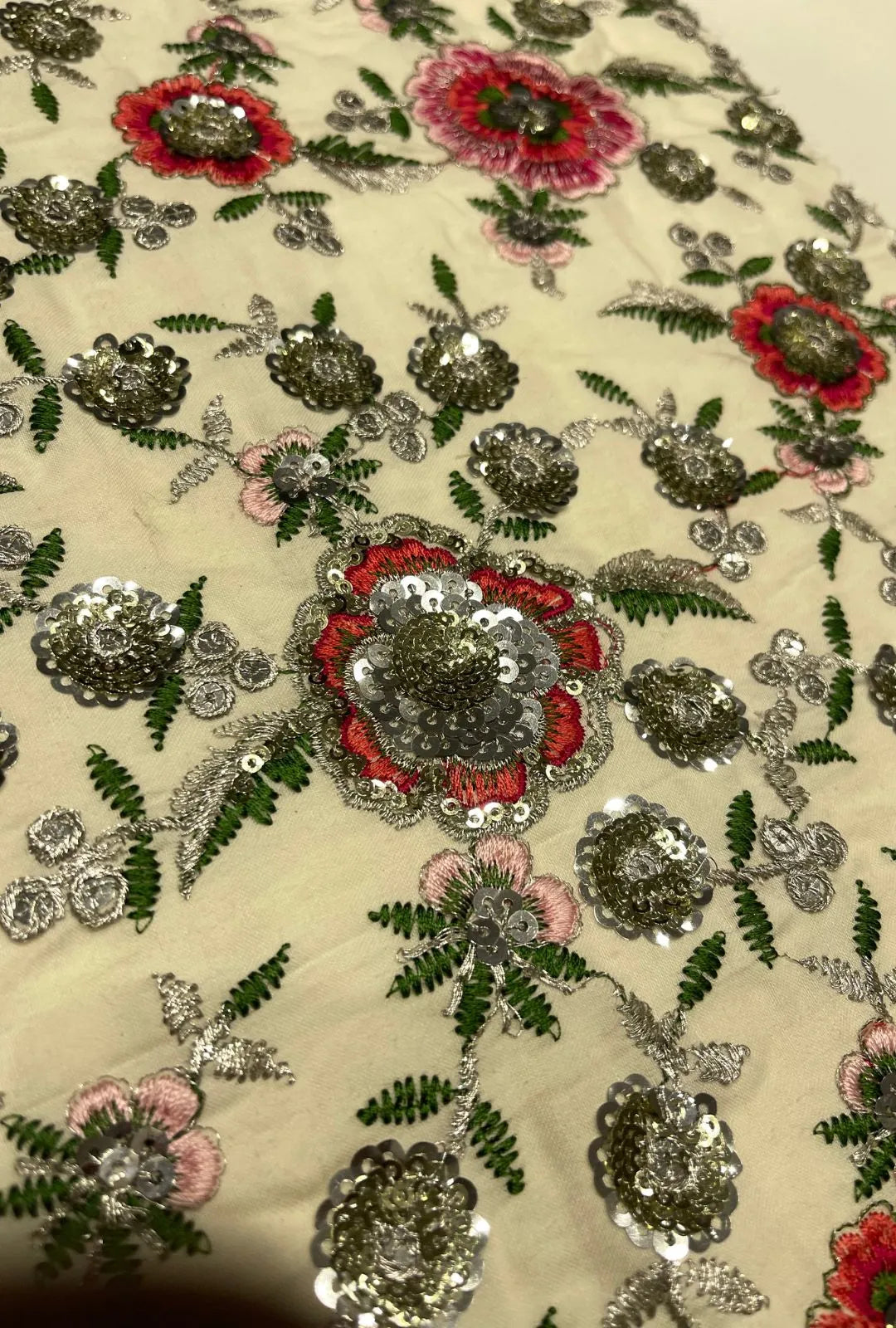 Cream Floral Embroidered Cotton With Sequence Work