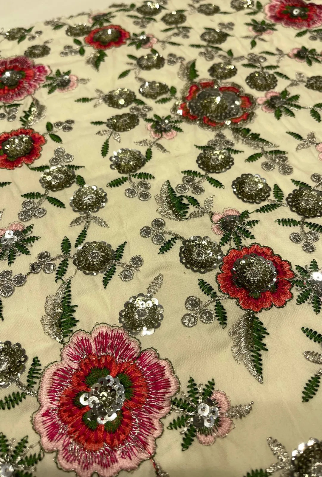 Cream Floral Embroidered Cotton With Sequence Work