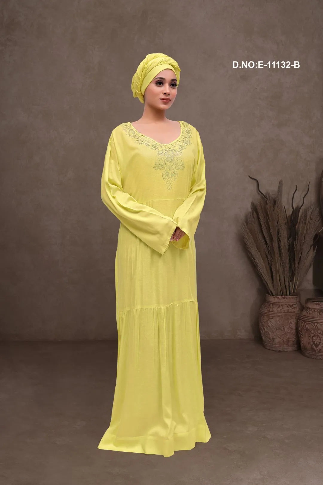 Cream Stone Work Neck Designer Kaftan With Scarf