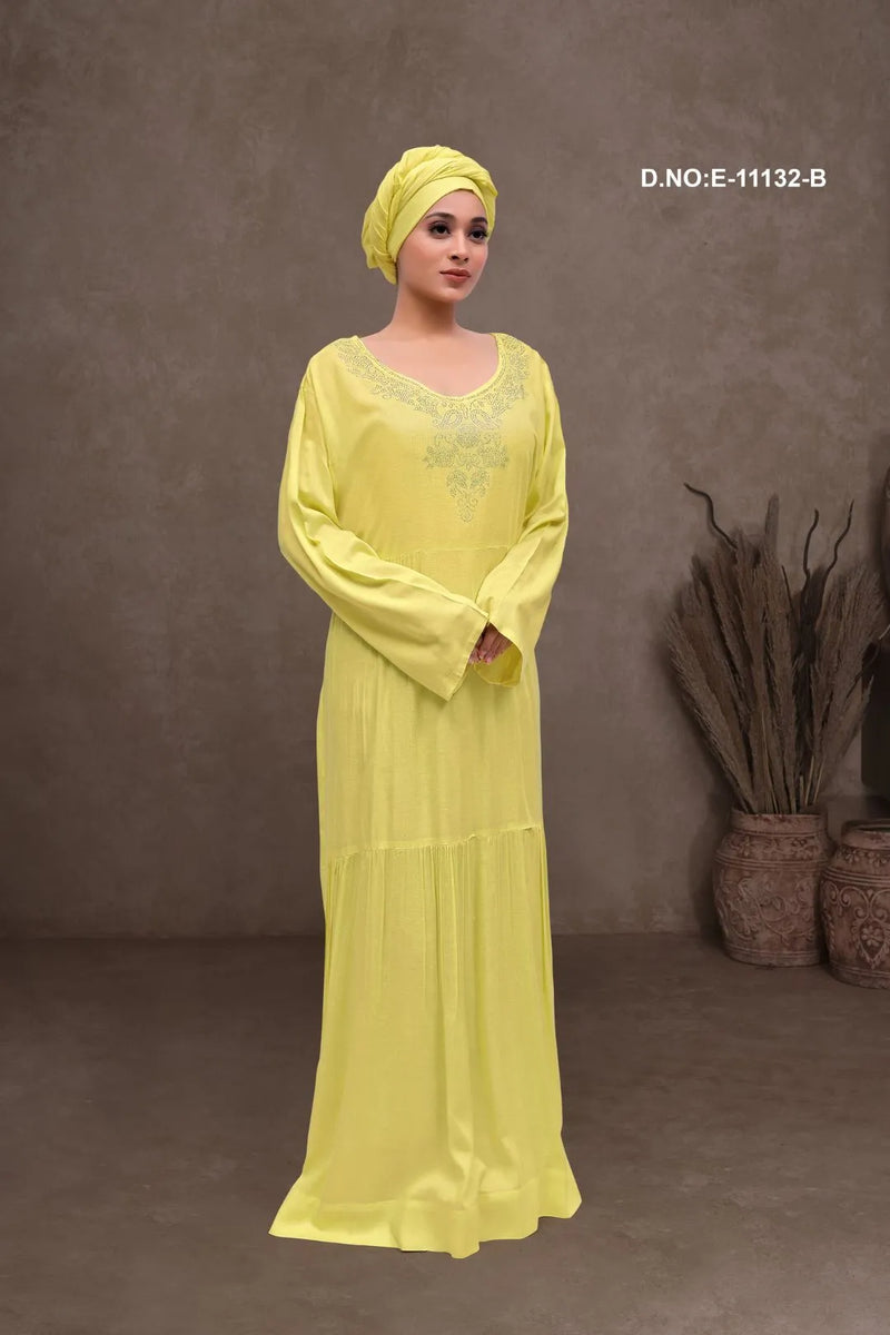 Cream Stone Work Neck Designer Kaftan With Scarf