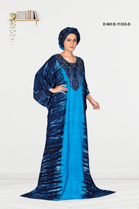Dark Blue Mill Print Embroidered Fusion Farasa Kaftan For Women