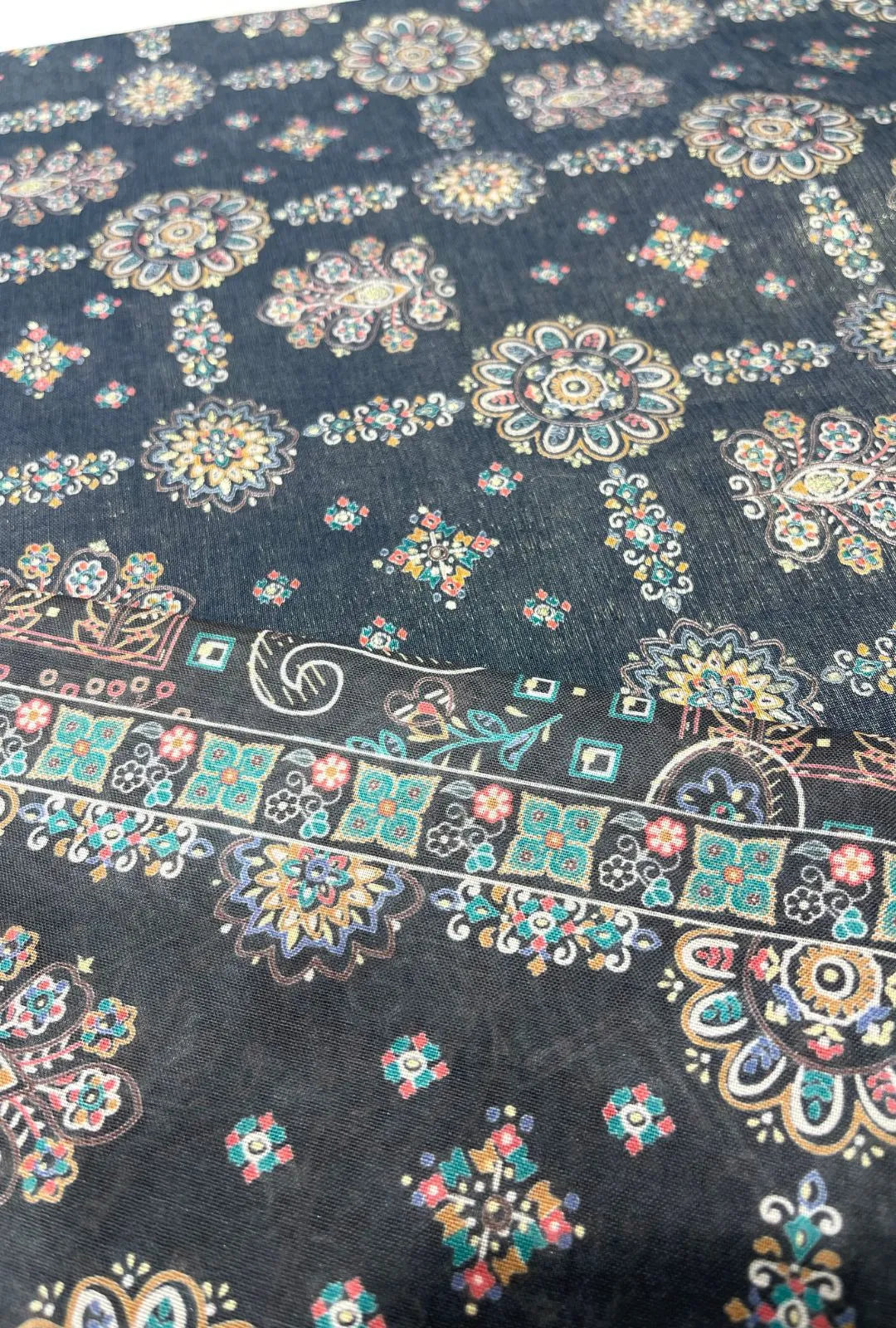 Dark Charcoal Chanderi Sparkle Fabric Featuring Intricate Mandalas