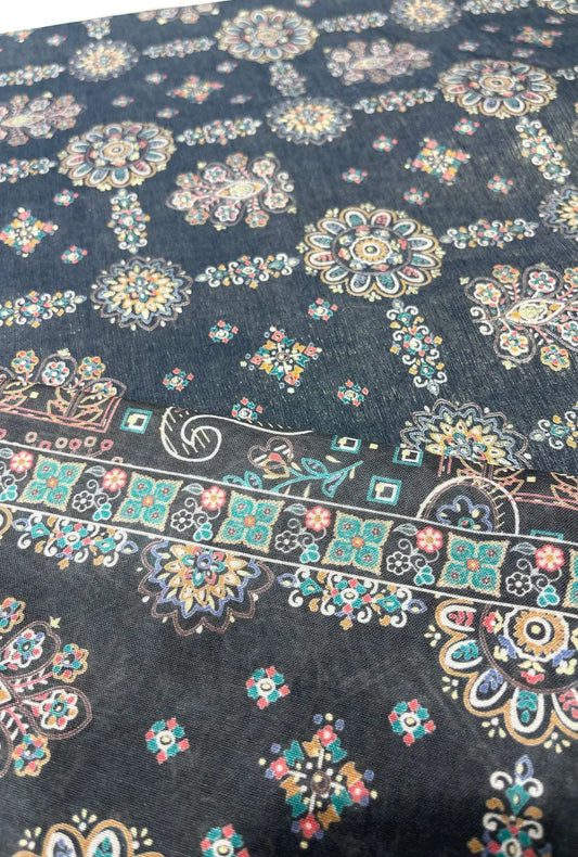 Dark Charcoal Chanderi Sparkle Fabric Featuring Intricate Mandalas