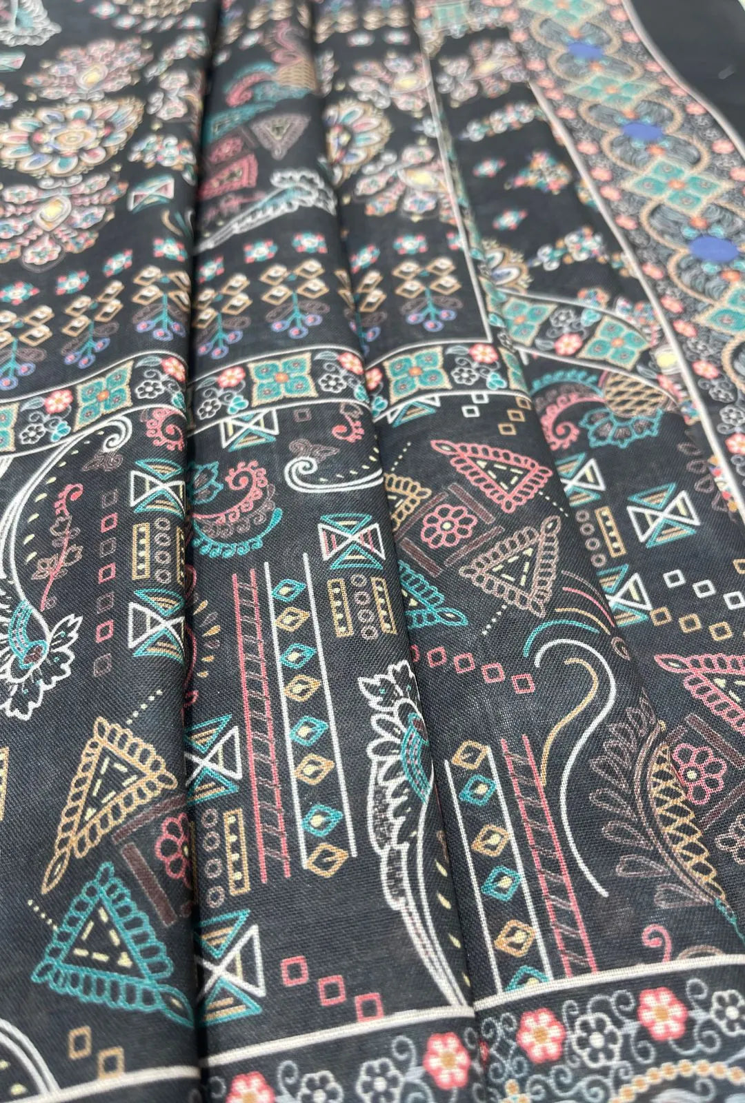 Dark Charcoal Chanderi Sparkle Fabric Featuring Intricate Mandalas