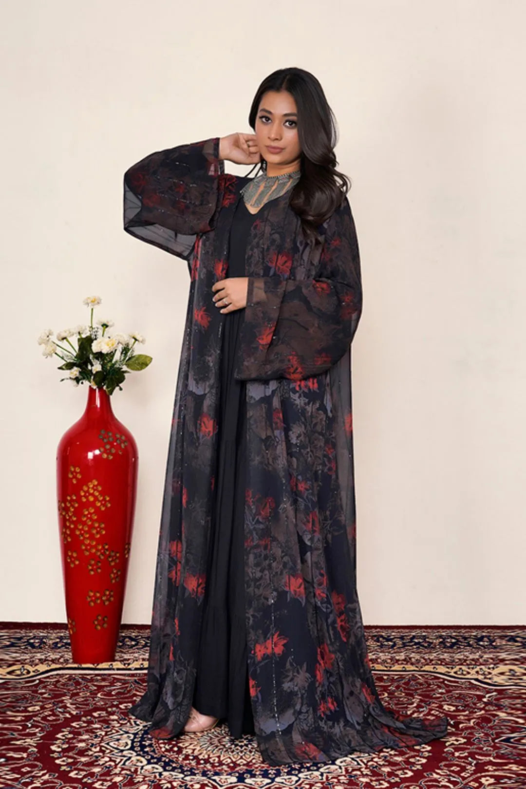 Dark Floral Chiffon Sequin Drape Shrug Elegant Layer Abaya Wear