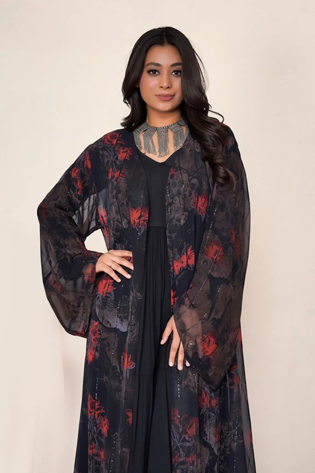 Dark Floral Chiffon Sequin Drape Shrug Elegant Layer Abaya Wear