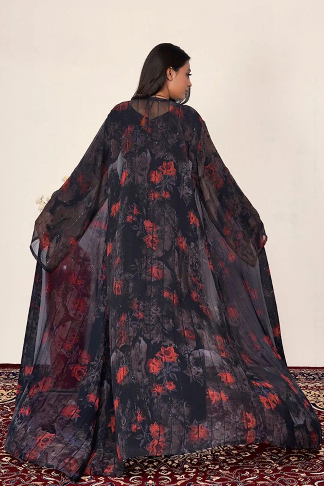 Dark Floral Chiffon Sequin Drape Shrug Elegant Layer Abaya Wear