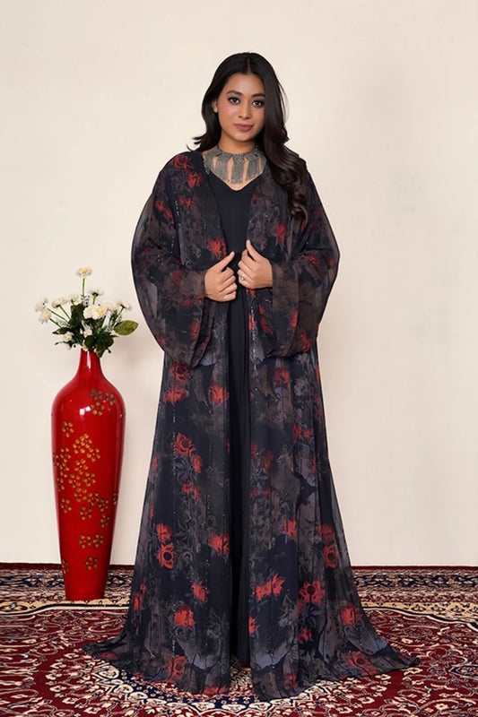 Dark Floral Chiffon Sequin Drape Shrug Elegant Layer Abaya Wear