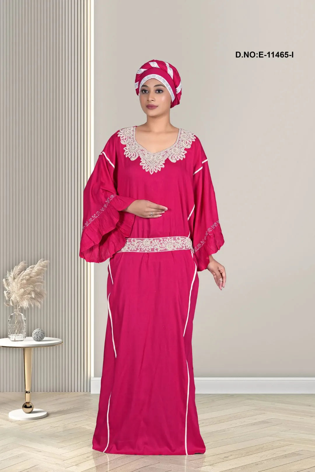 Dark Pink Designer Plain Lace Embroidered Long Kaftan Gown