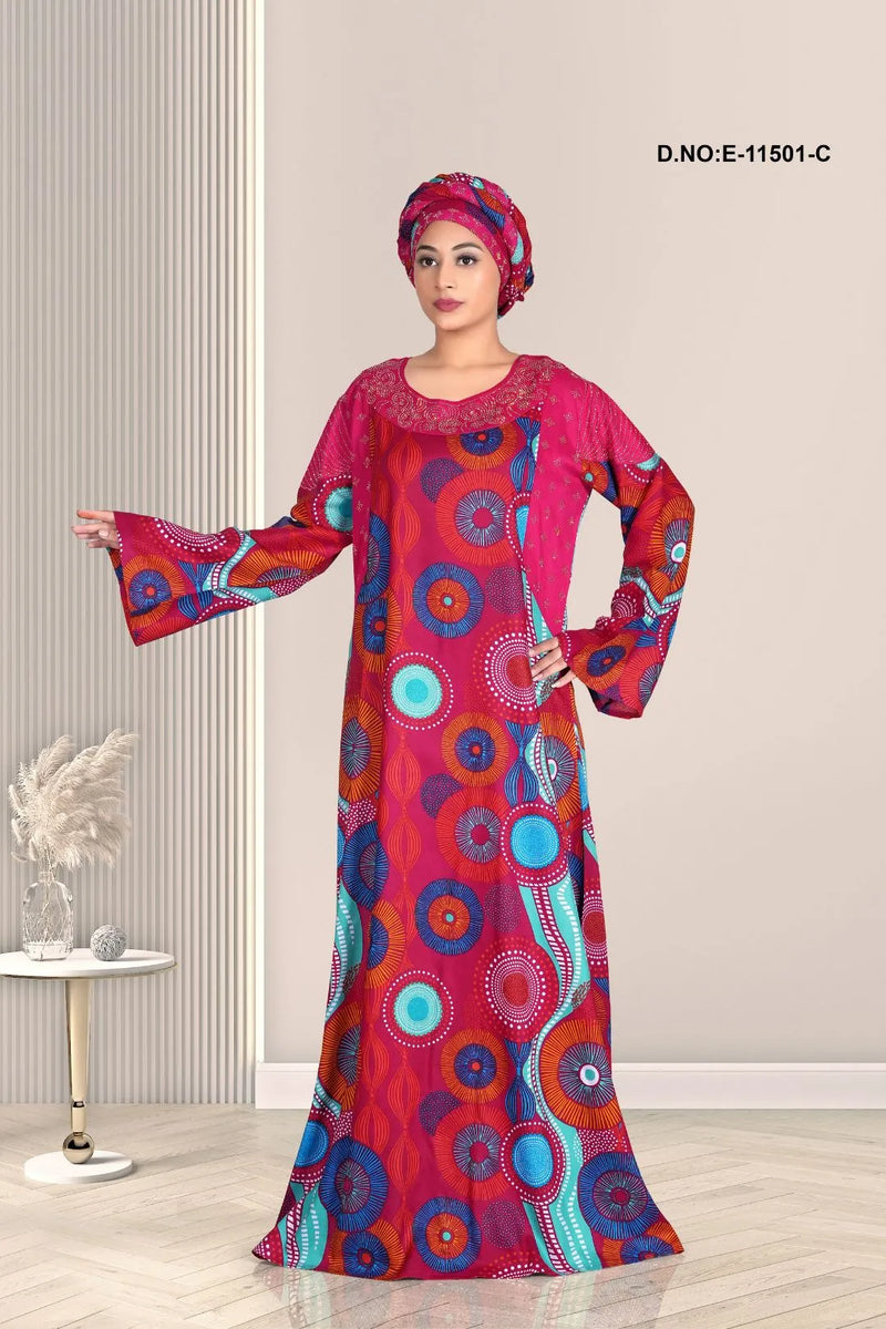 Dark Pink Designer Printed Kaftan Pattern Nighty For Girls