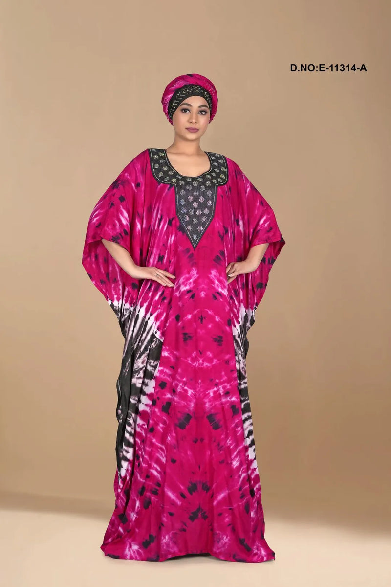 Dark Pink Kaftan For Women Rayon Hand Printed Long Kaftan