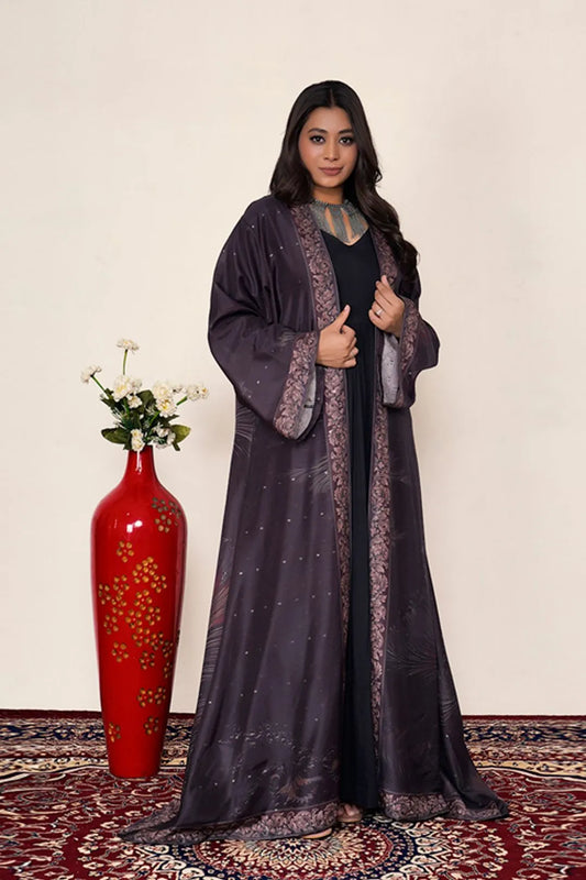 Dusty Plum Printed Border Shrug Abaya Graceful Modest Layer