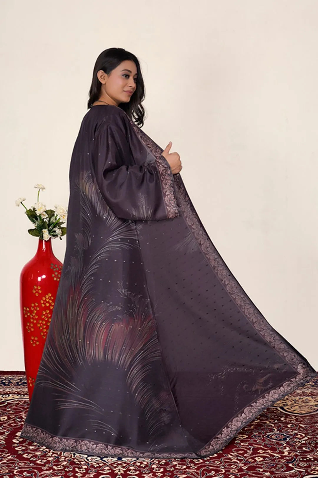 Dusty Plum Printed Border Shrug Abaya Graceful Modest Layer