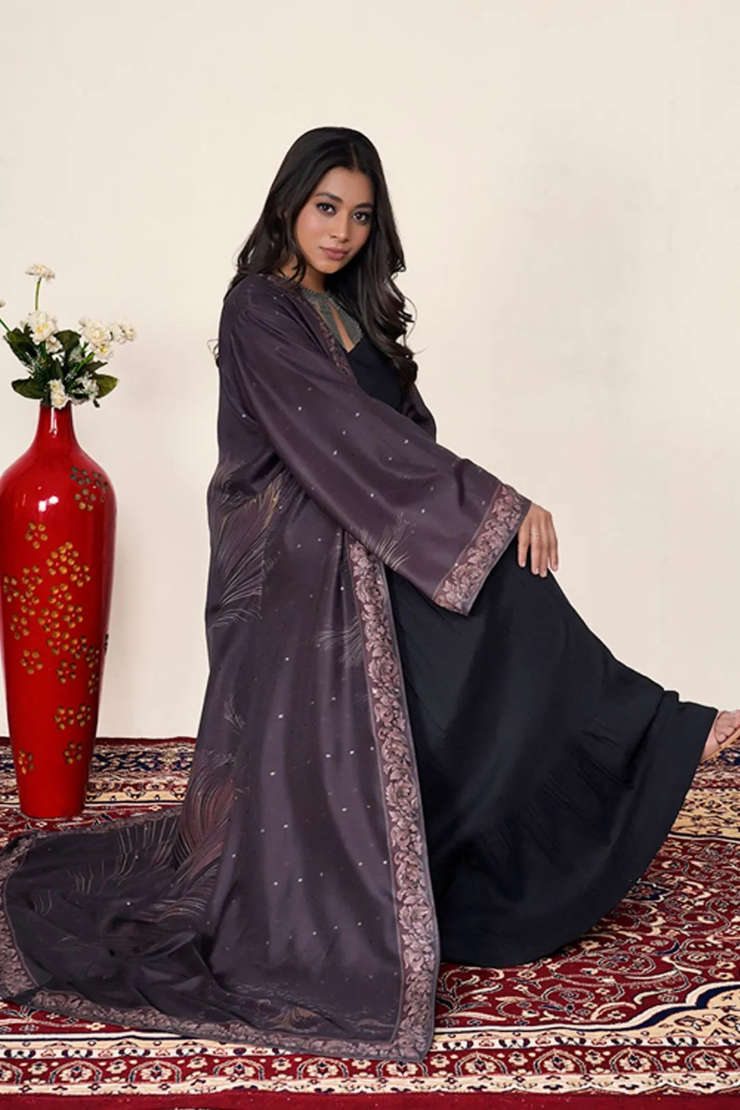 Dusty Plum Printed Border Shrug Abaya Graceful Modest Layer