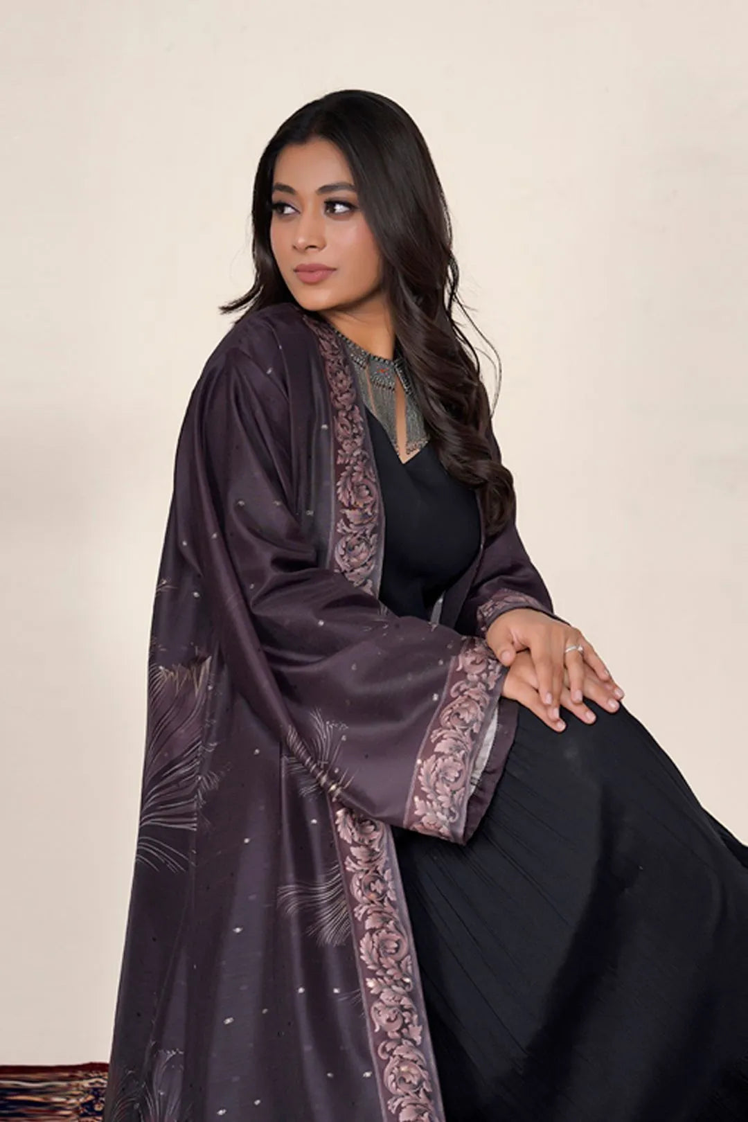 Dusty Plum Printed Border Shrug Abaya Graceful Modest Layer