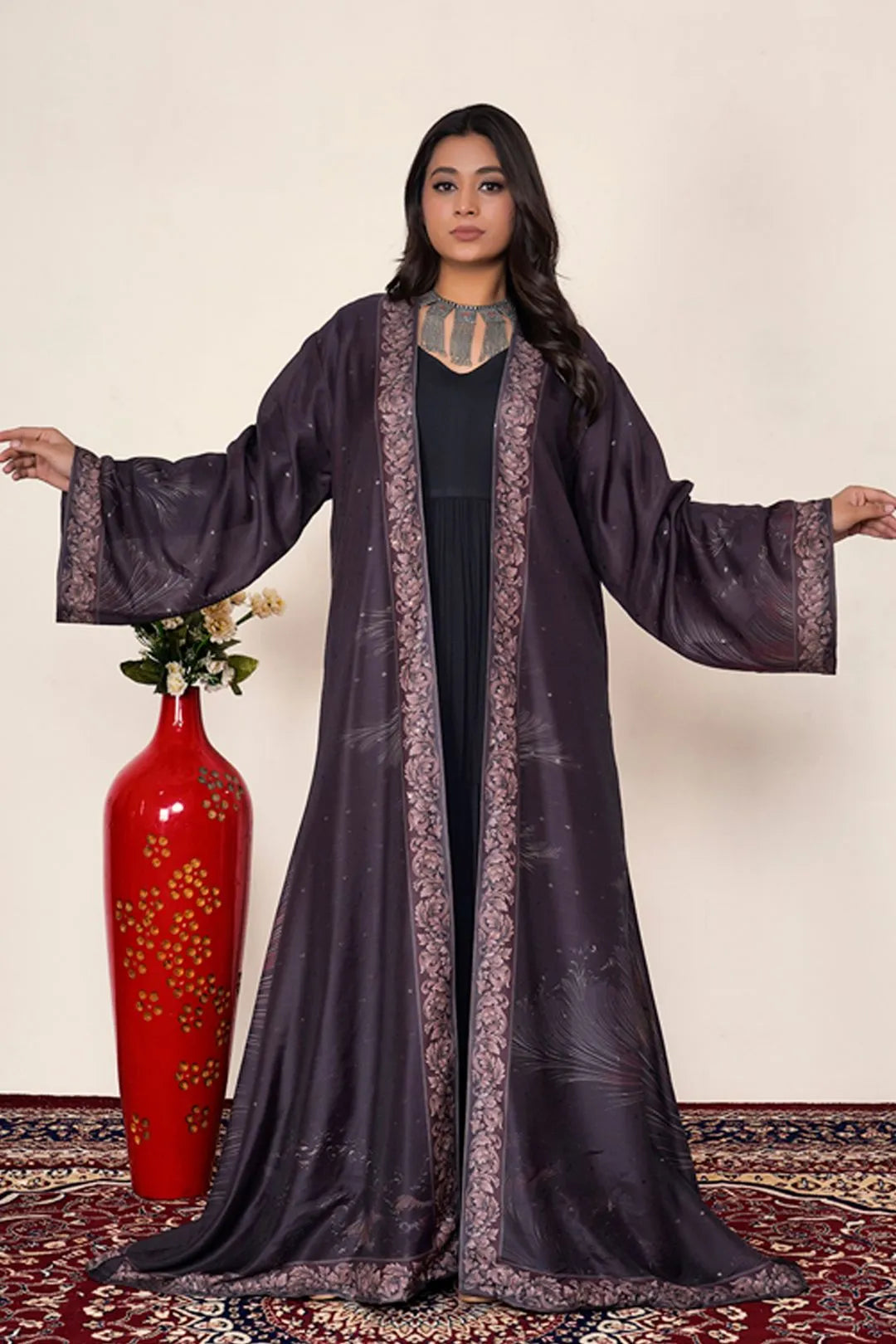 Dusty Plum Printed Border Shrug Abaya Graceful Modest Layer