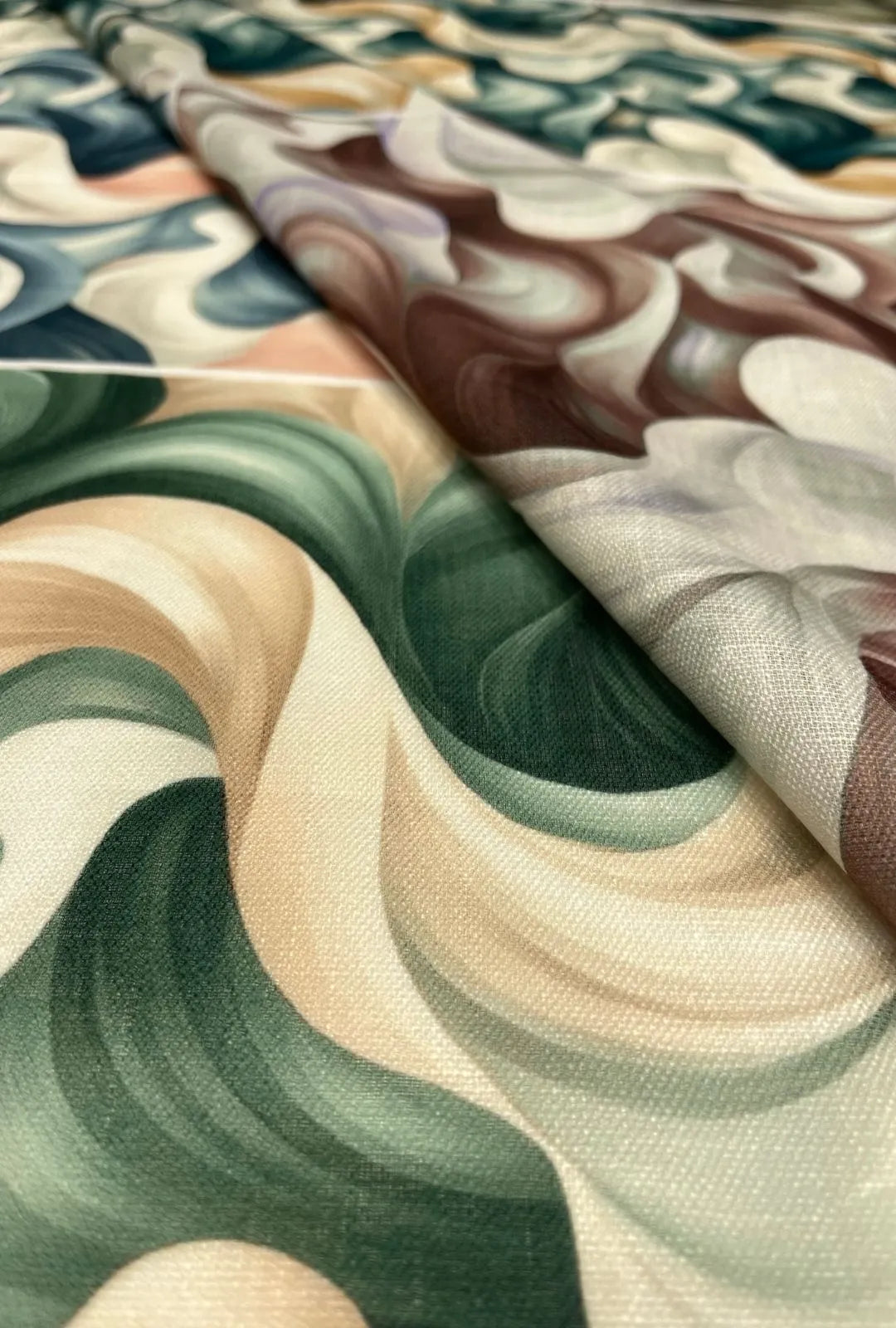 Dynamic Fluid Wave Printed Chiku Linen Boutique Fabric Yardage