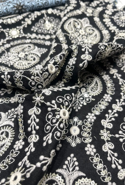 Elegant Paisley Embroidered Polyester Linen Abaya Dress Fabric