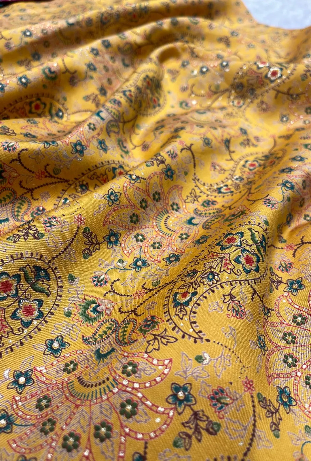 Exclusive Golden-Yellow Chanderi Fabric Textile with Botanical Prints